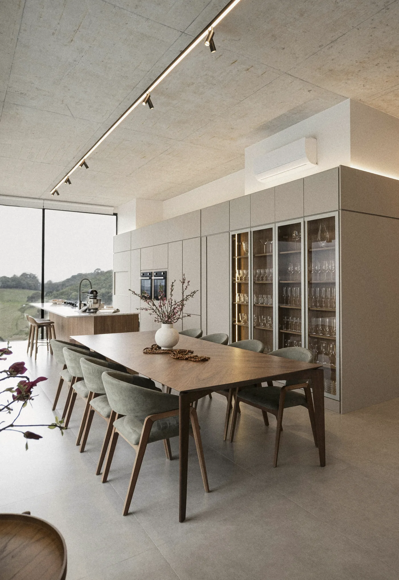 The table and the glass cabinets